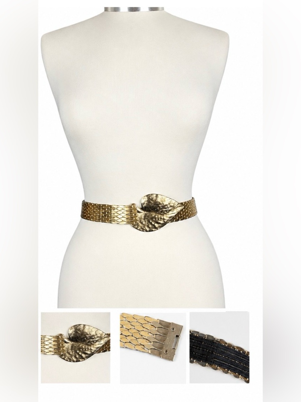 Vintage Metal Stretch Mesh Link Belt with Heavy Leaf Shaped Buckle gold